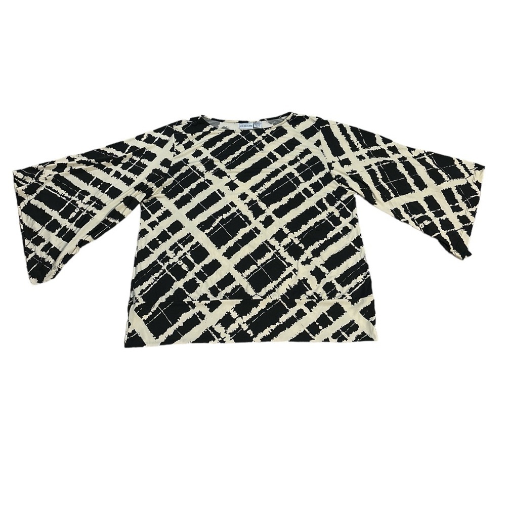 Chico's Black Cream Silver Metallic Plaid Women's Blouse Flared Sleeves Size XL
